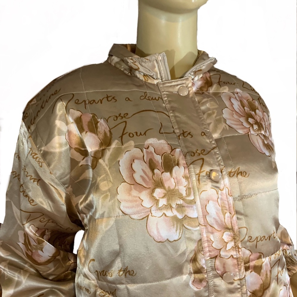 VINTAGE OLEG CASSINI FLORAL PRINT CREAM A  PINK BLUSH SATIN BOMBER JACKET (M) - Picture 8 of 13